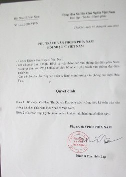 Quyết định bổ nhiệm cô Phan Thị Quỳnh Dao (bút danh Quỳnh Dao) về làm Kế toán của Văn phòng phía Nam Hội Âm nhạc Việt Nam