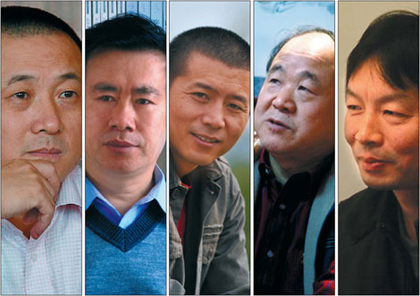 Các cây bút bậc thầy của nền văn học đương đại Trung Quốc (từ trái sang): Lưu Tỉnh Long, Trương Vĩ, Tất Phi Vũ, Mạc Ngôn, Lưu Chấn Vân.